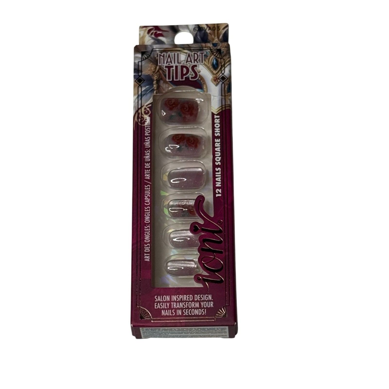 Ioni Press On Nails Square Short Rose Design 12pc False Nails NWT
