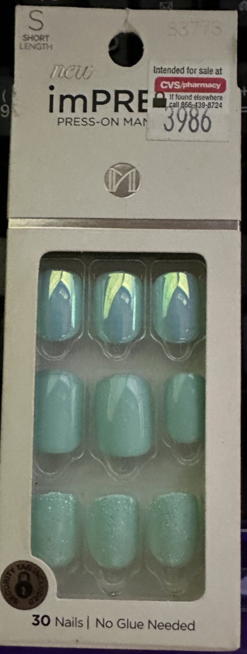 Impress! Kiss Short Manicure Nails Teal Blue Holo Glitter Square Gloss