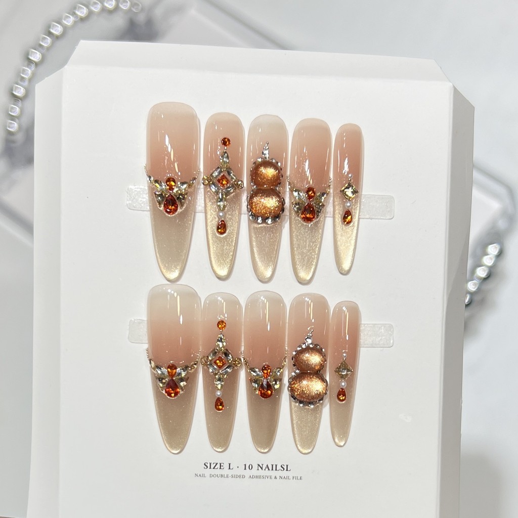 Handmade Fake Nail Shinny Ice-clear Cat Eye 3D Gold Diamond Gourd Press On Nail