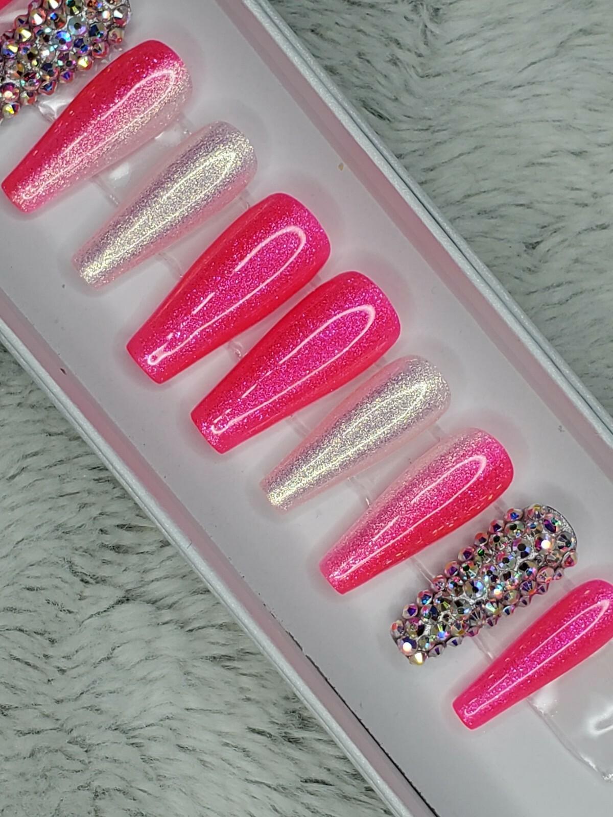 Neon hot pink Bling glitter long ballerina diamond press on nails barbie ombre