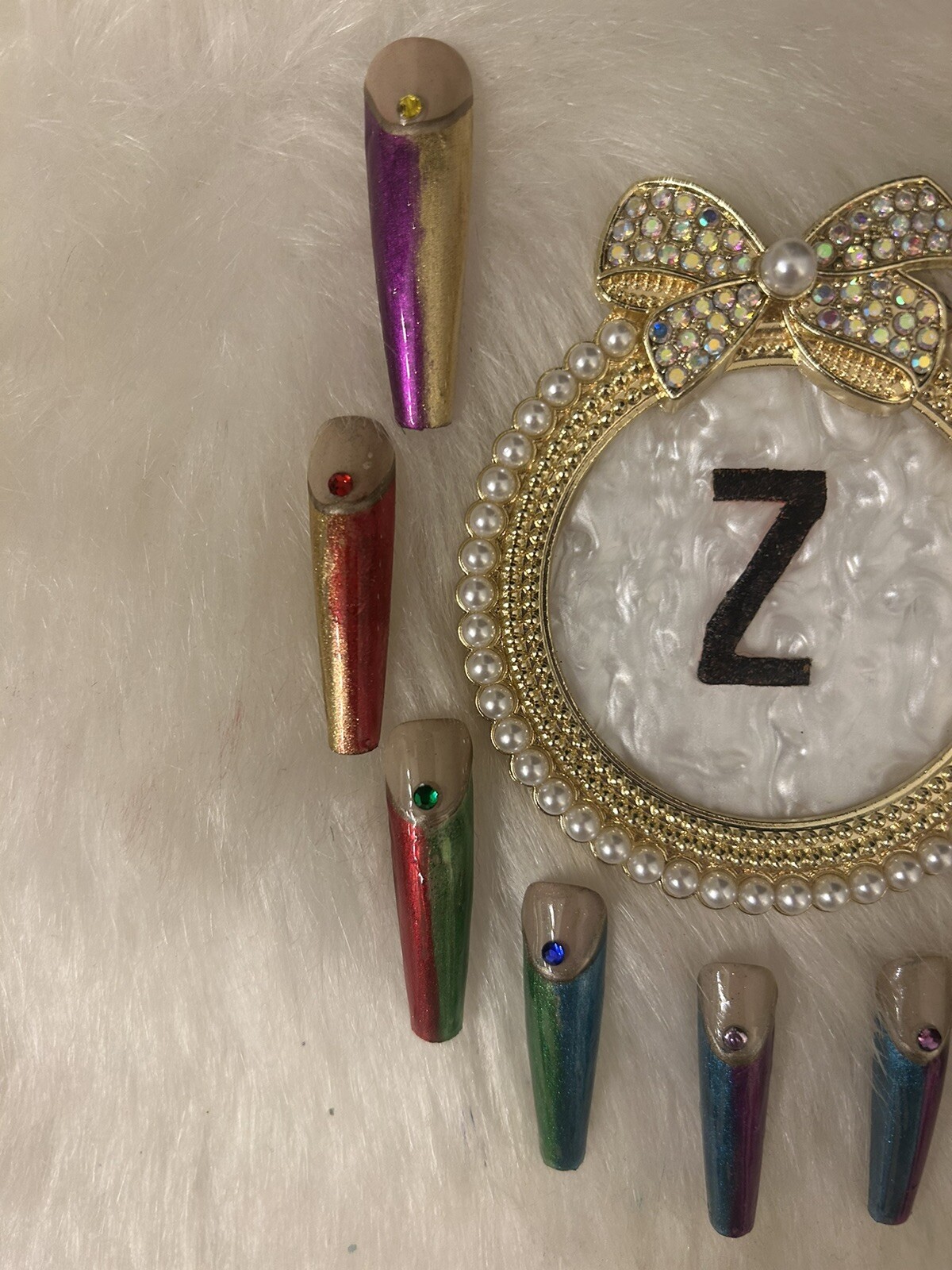 Z NAILZ! Gorgeous Set Of 2XL Metallic Rainbow Color Press On Nails With Stone