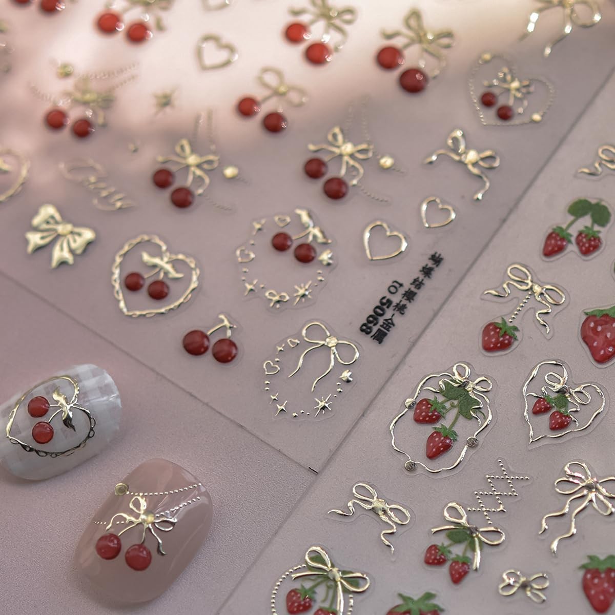 Cherry Nail Art Stickers Summer Cherry Nail Stickers 5D Embossed Gold Cherries B