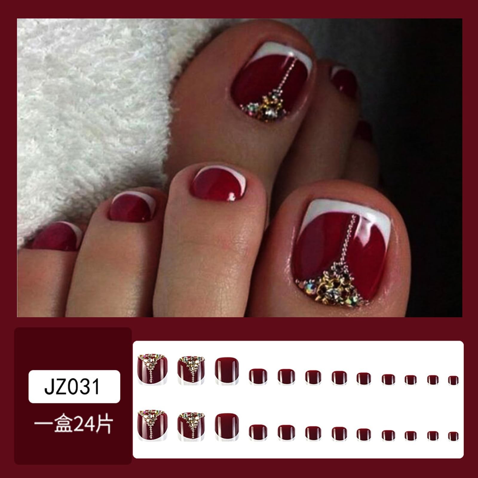 Red Press on Toenails French Tip Fake Toenail Rhinestone False Nail for Toe R…