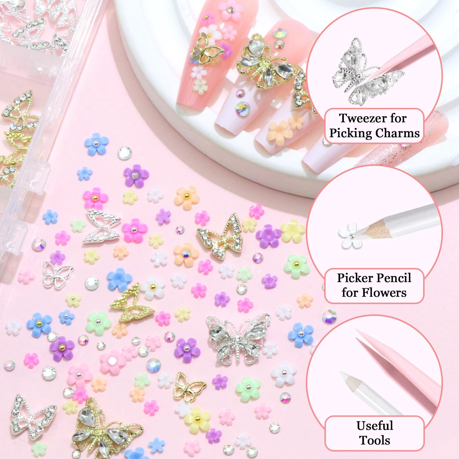 Flower Nail Charms Colorful 3D Flowers for Nails Metal Butterfly Nail Art Cha…