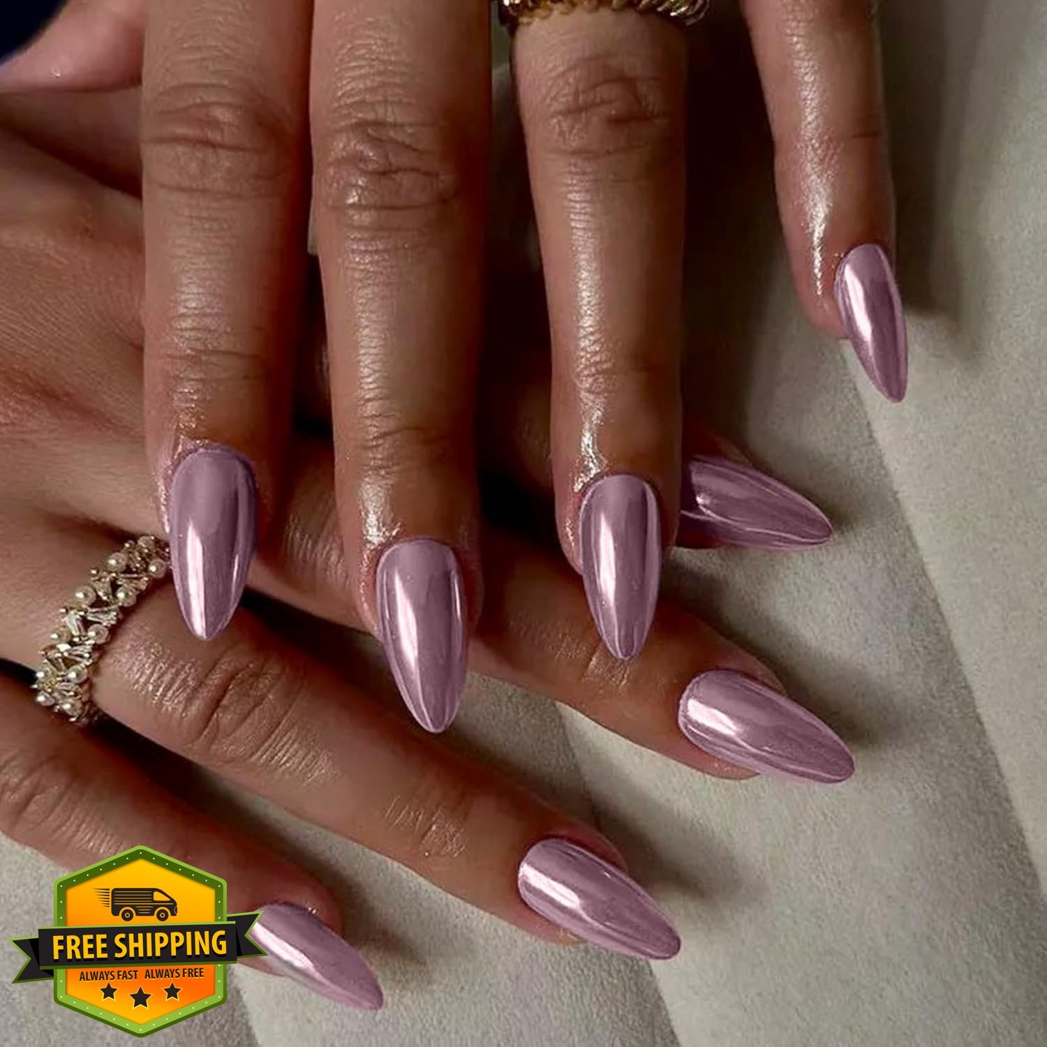 SEMATA Light Purple Chrome Almond Press on Nails Medium Acrylic 24Pcs