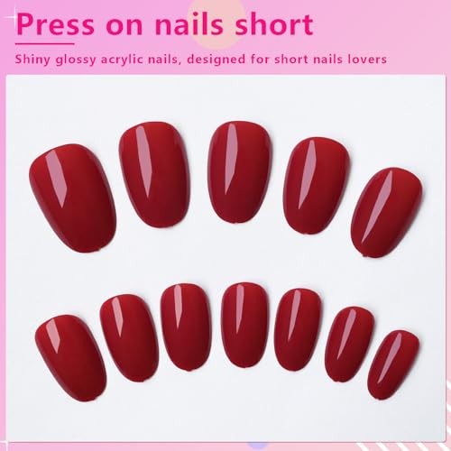 Oval Press on Nails Short Fake Nails, 240pcs Red Nails Press on Deep Red