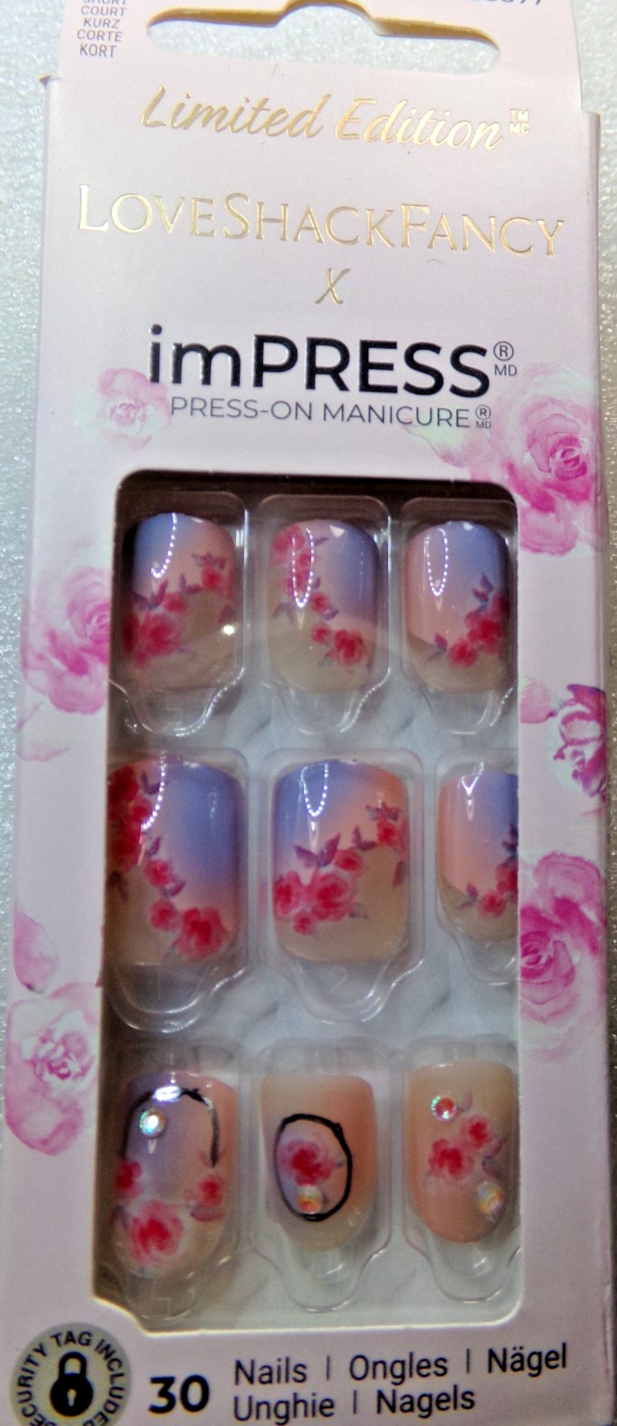 IMPRESS NAILS PRESS ON Short – Shiny Light Blue & Pink with Flowers