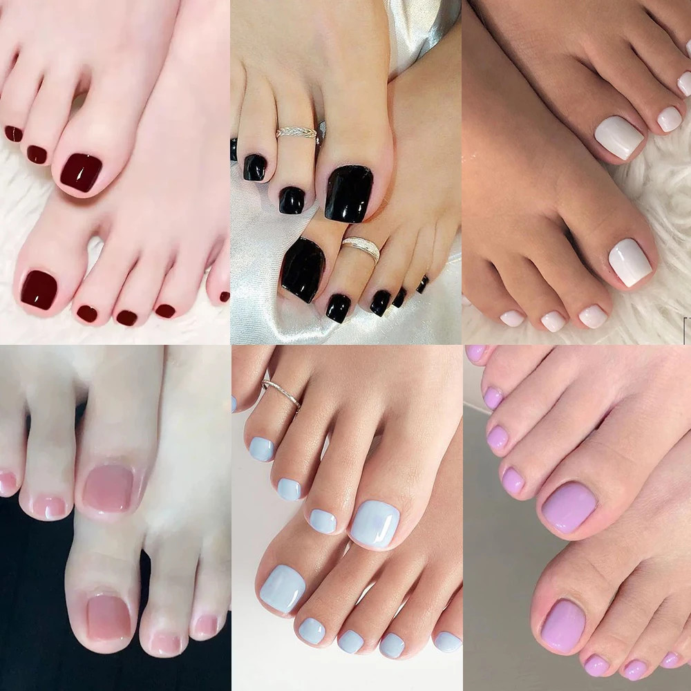 144Pcs Short Square False Toe Nails Lake Blue/White/Red/Nude Press on Toenails G