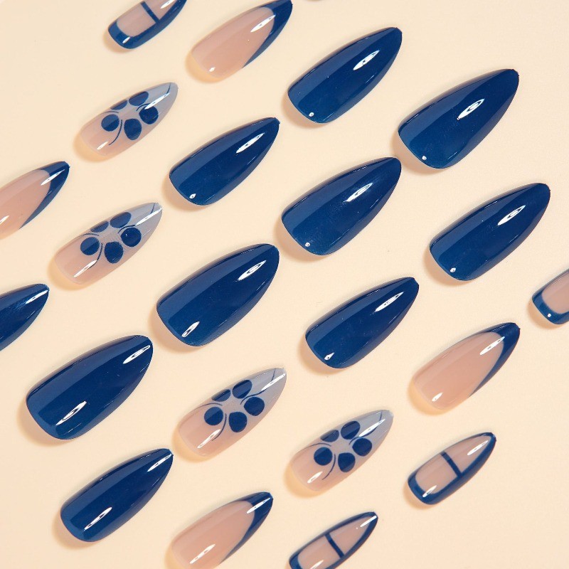 Minimalist Fake Nails with Nude Base, Navy Blue French Tips and Floral Details
