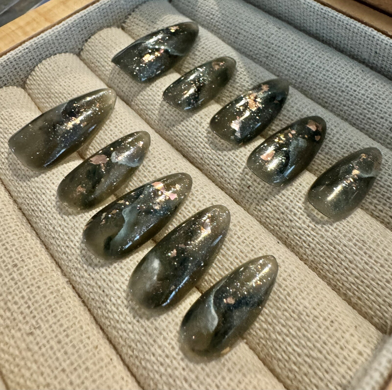 Salon Quality Gel press on nails Shining Black Grey smudge 24mm Hand Made Size S