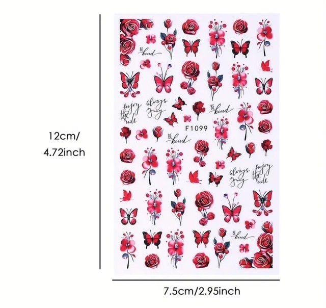 Nail Art Stickers NEW ! BEAUTIFUL RED BUTTERFLIES AND ROSES F1099