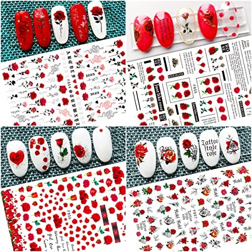 8 Sheets Flower Nail Art Stickers 3D Rose Nail Decals Self Adhesive Spring