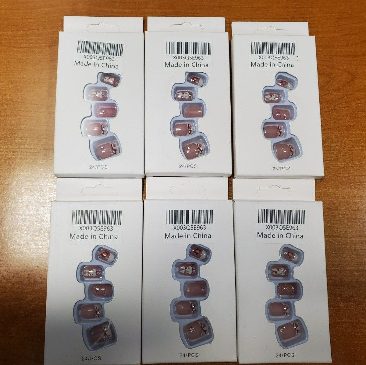 6 Boxes of 24: Pink Bunny & Bows Jewel Accent Square Press On Nails (13C-1799)