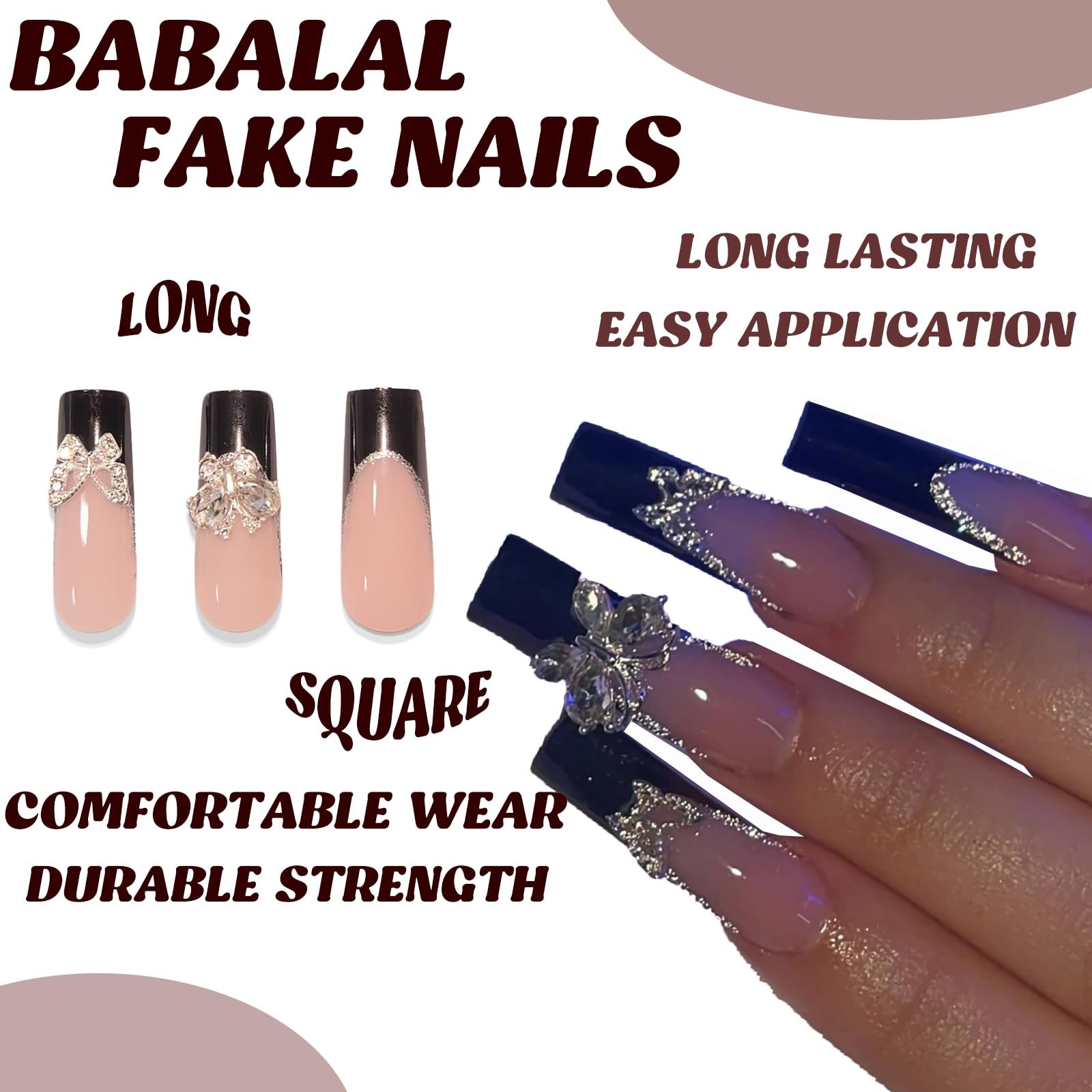 Square Press on Nails Long Fake Nails Black French Glue on Nails Butterfly