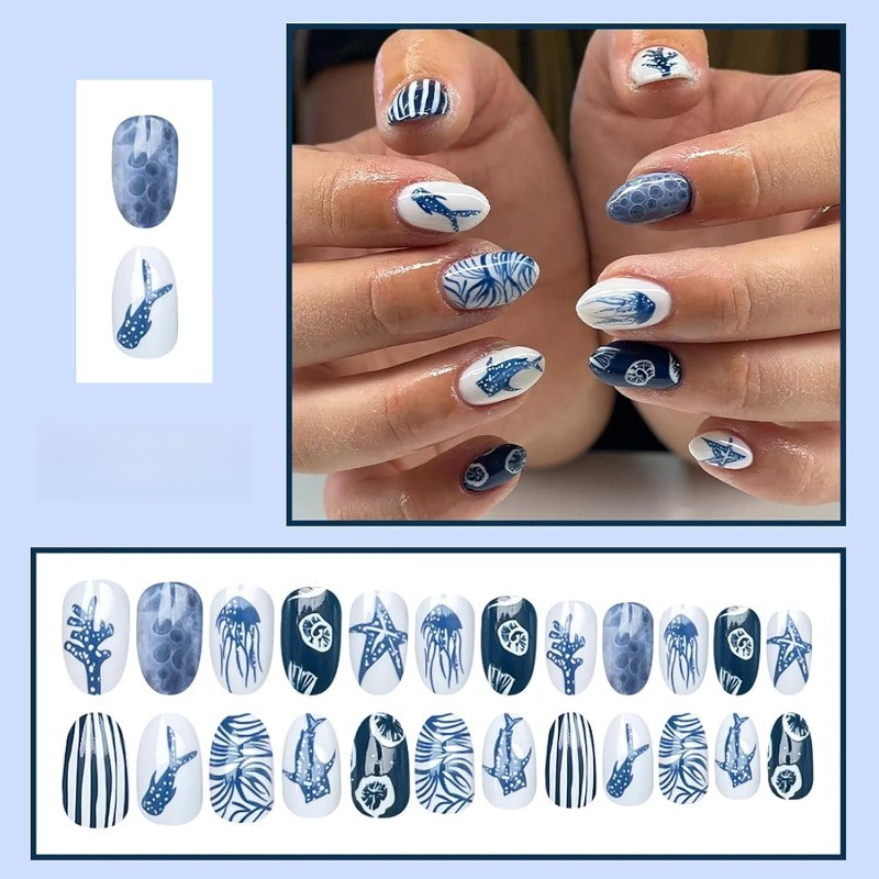 48pcs Summer Ocean Press on Nails, Blue White Shark Jellyfish Almond Fake Nails