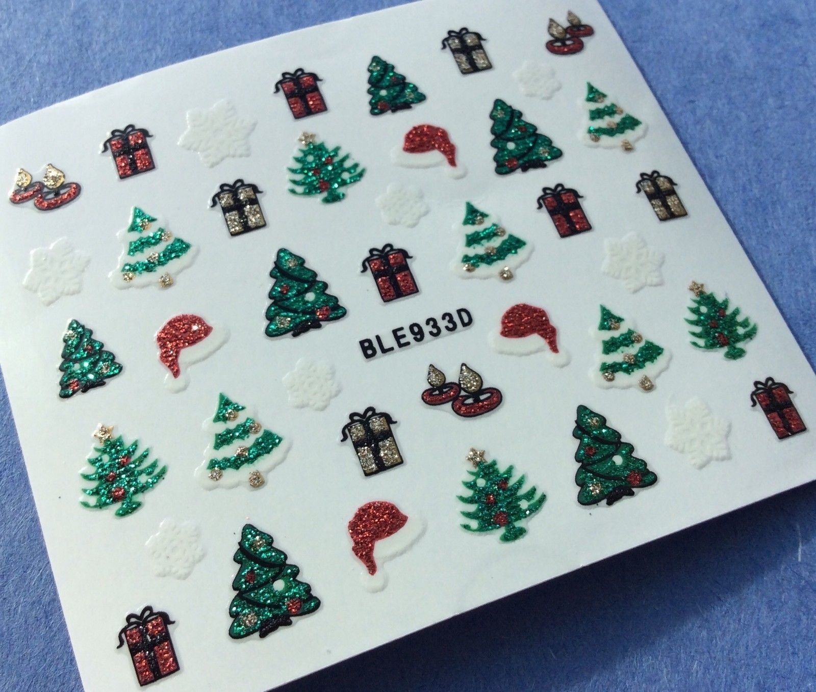Nail Art 3D Glitter Decal Stickers Christmas tree candle gift snowflakes BLE933D