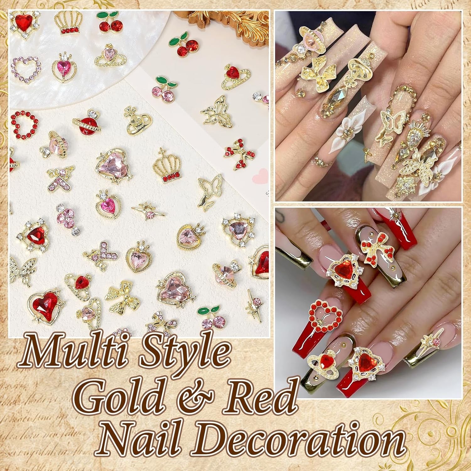 1 Pack of 50 Pcs Fusiform Gold Nail Charms Nail Art Kit 3D Nail Charms Nail Gems