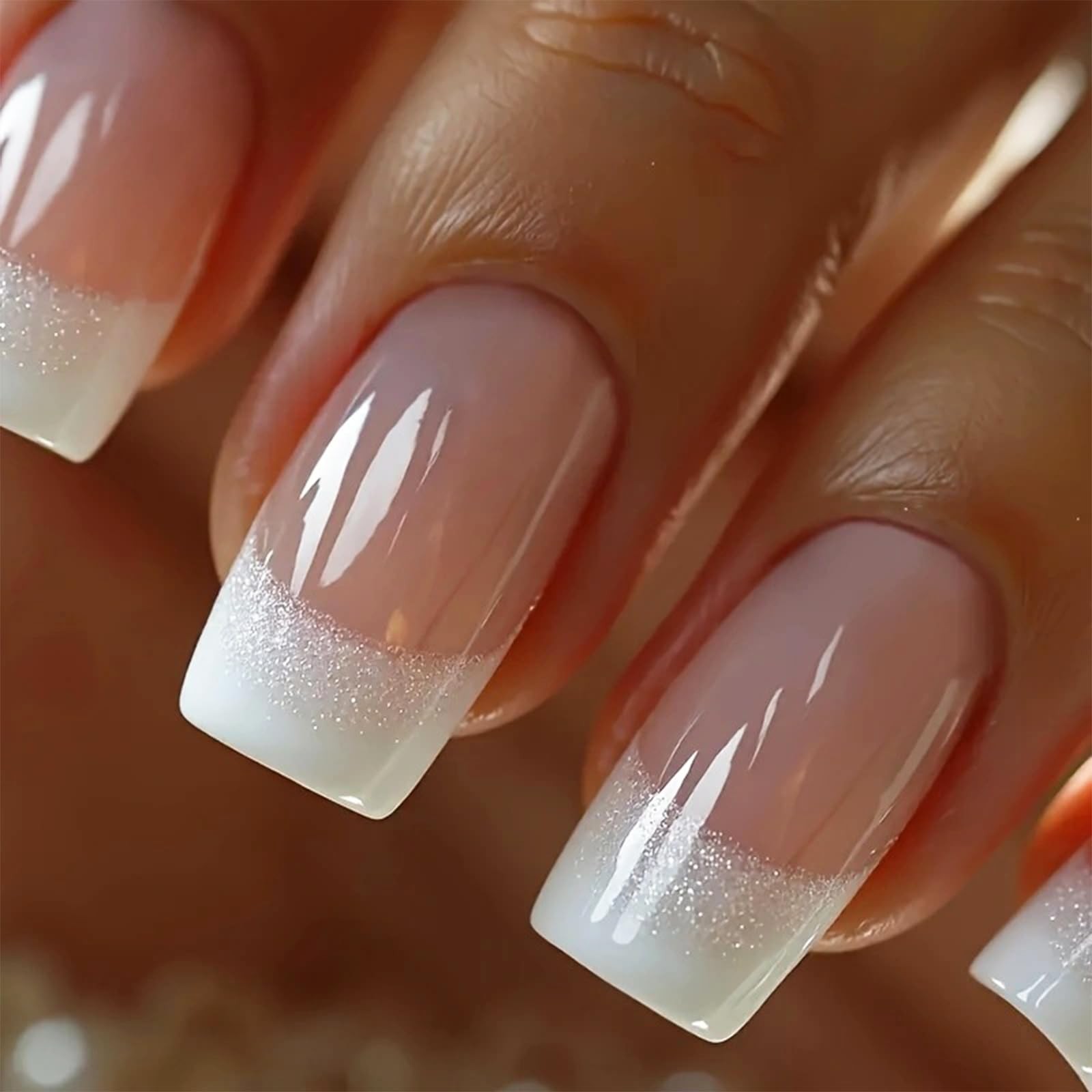 24Pcs French Tip Press on Nails Medium Square Fake Nails Silver Glitter Acryl