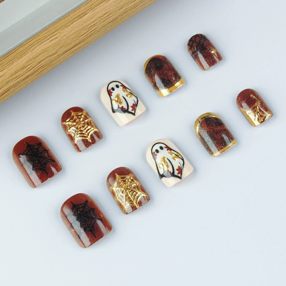 24pcs Amber Halloween Press Nails Set with gilding Spiderweb & cute ghost