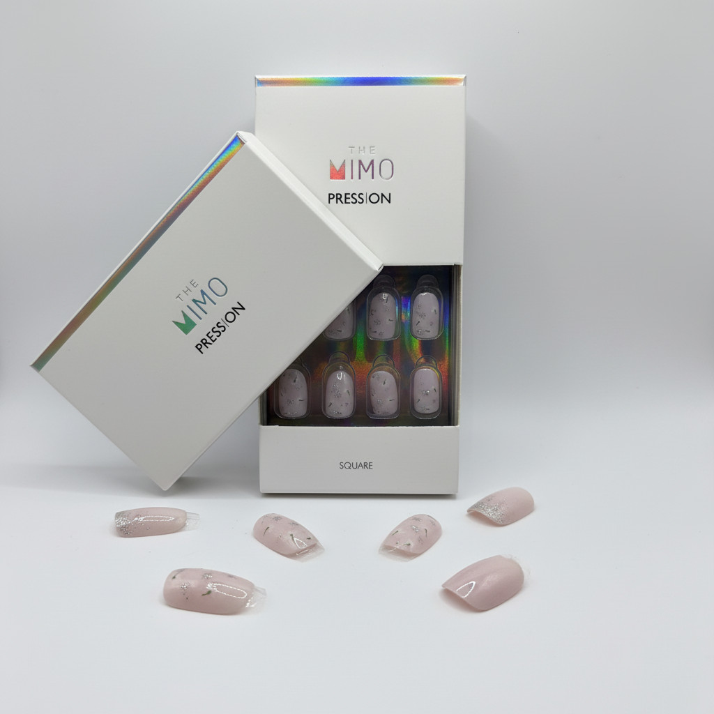 MIMO Press-On Nails Square/ Nude Pink with Floral and Silver Glitter Accents