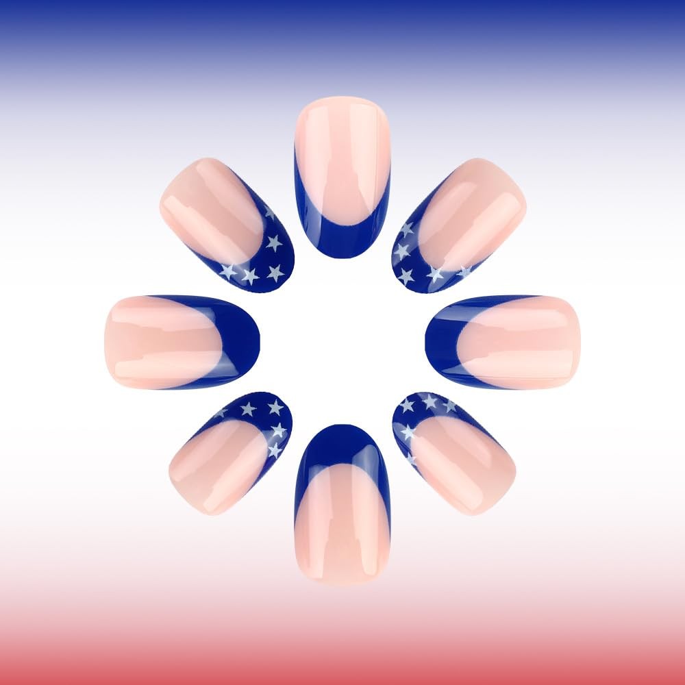 24 Pcs Independence Day Press on Nails Short Almond Fake Nails with Star Desi…