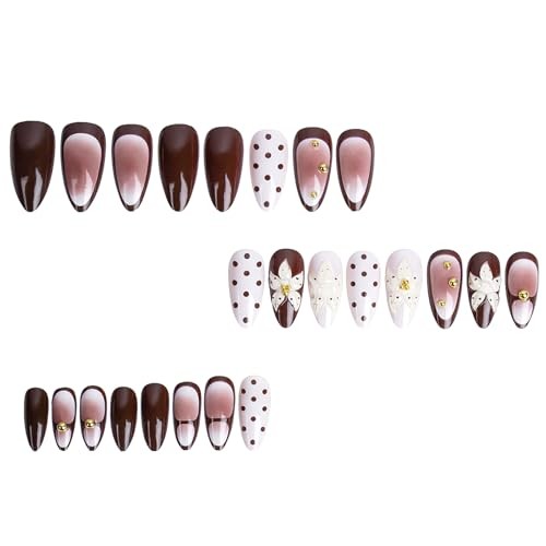 Luxury Brown Cream Press On Nails Medium Almond, Polka Dot and Gold Beads Fake