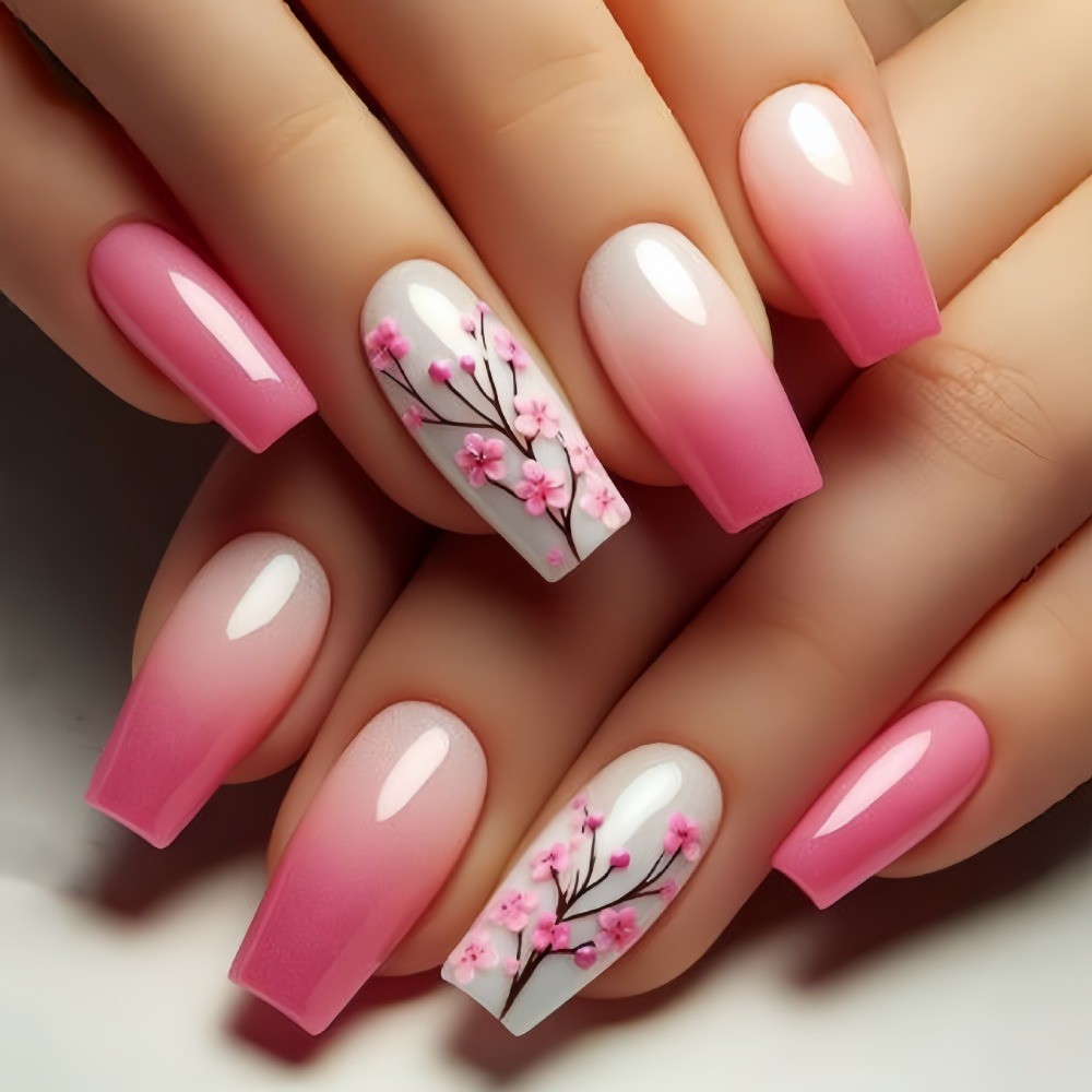Floral Glossy, Long, Ballet-style, 24pcs Nail Tips, Detachable, Press-on Nails