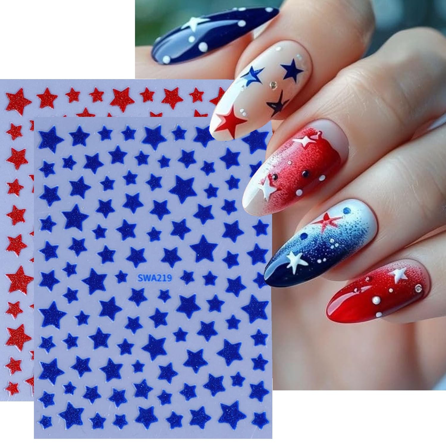 3D Star Self Adhesive Nail Stickers Red Blue White 6 Sheets Nail Art Supplies