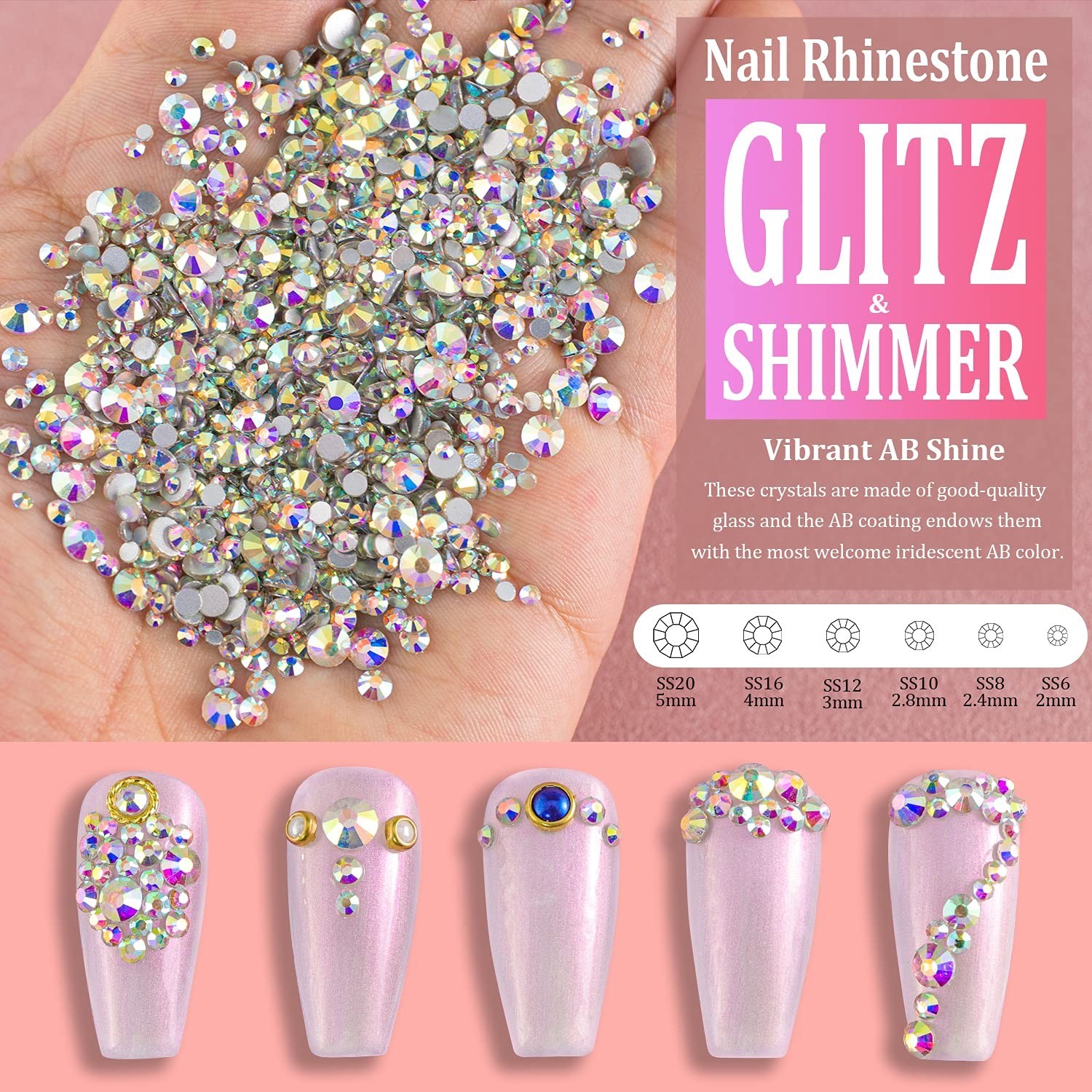 Multi Shapes 3D Glass AB Crystal Nail Art Rhinestones Kit with Flatback Round…