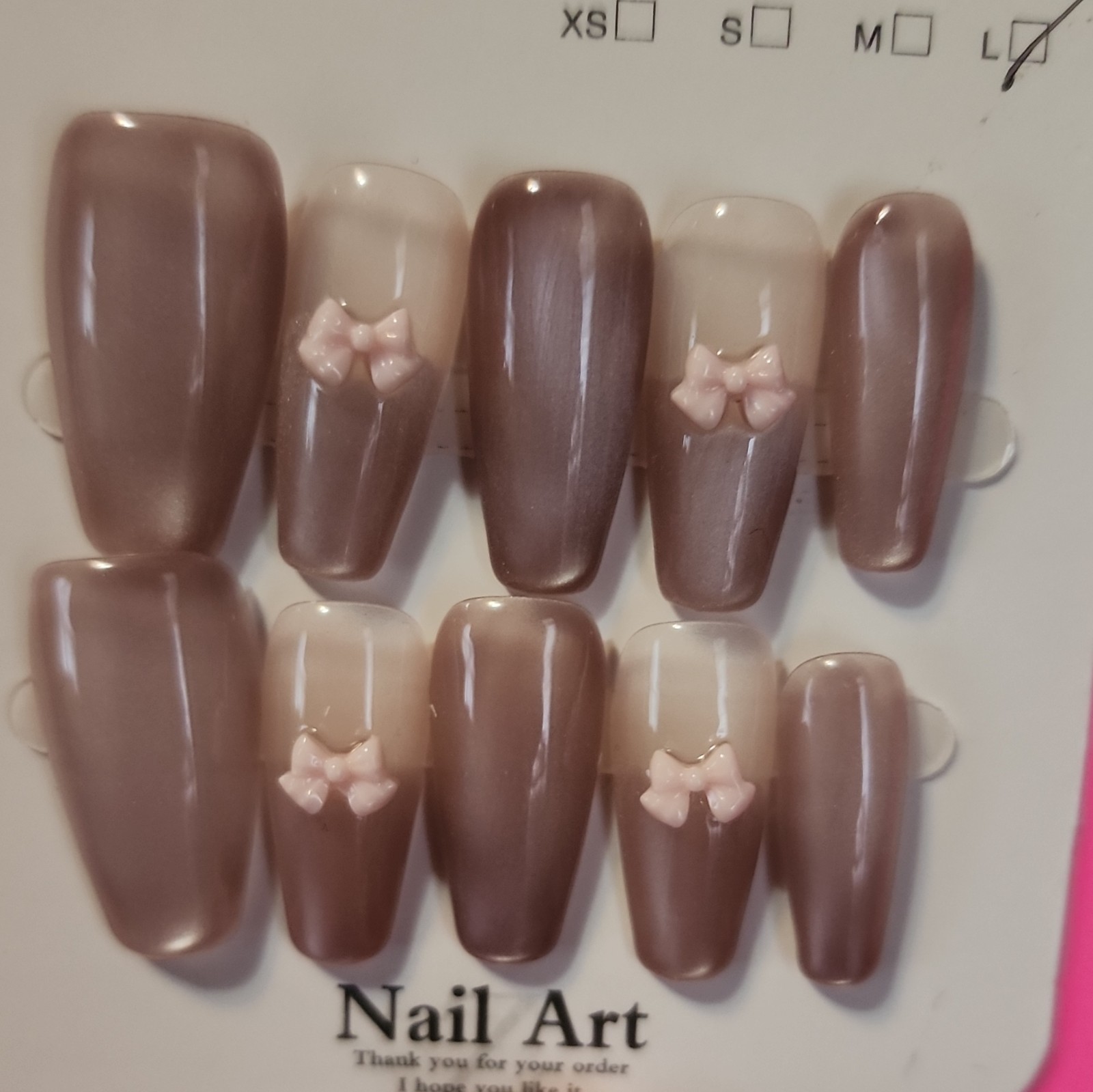 Press-On Nails Long Coffin Full Cover, Brown/Nude Shiny Pre-Designed Bows