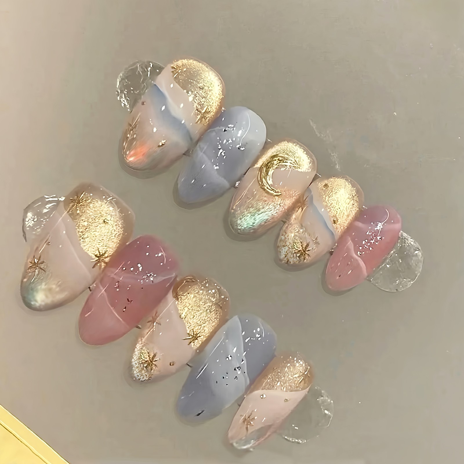 60Pcs-Almond Fake Nails Marble Gradient Gold Moon Star Foil Glossy Press on Tips