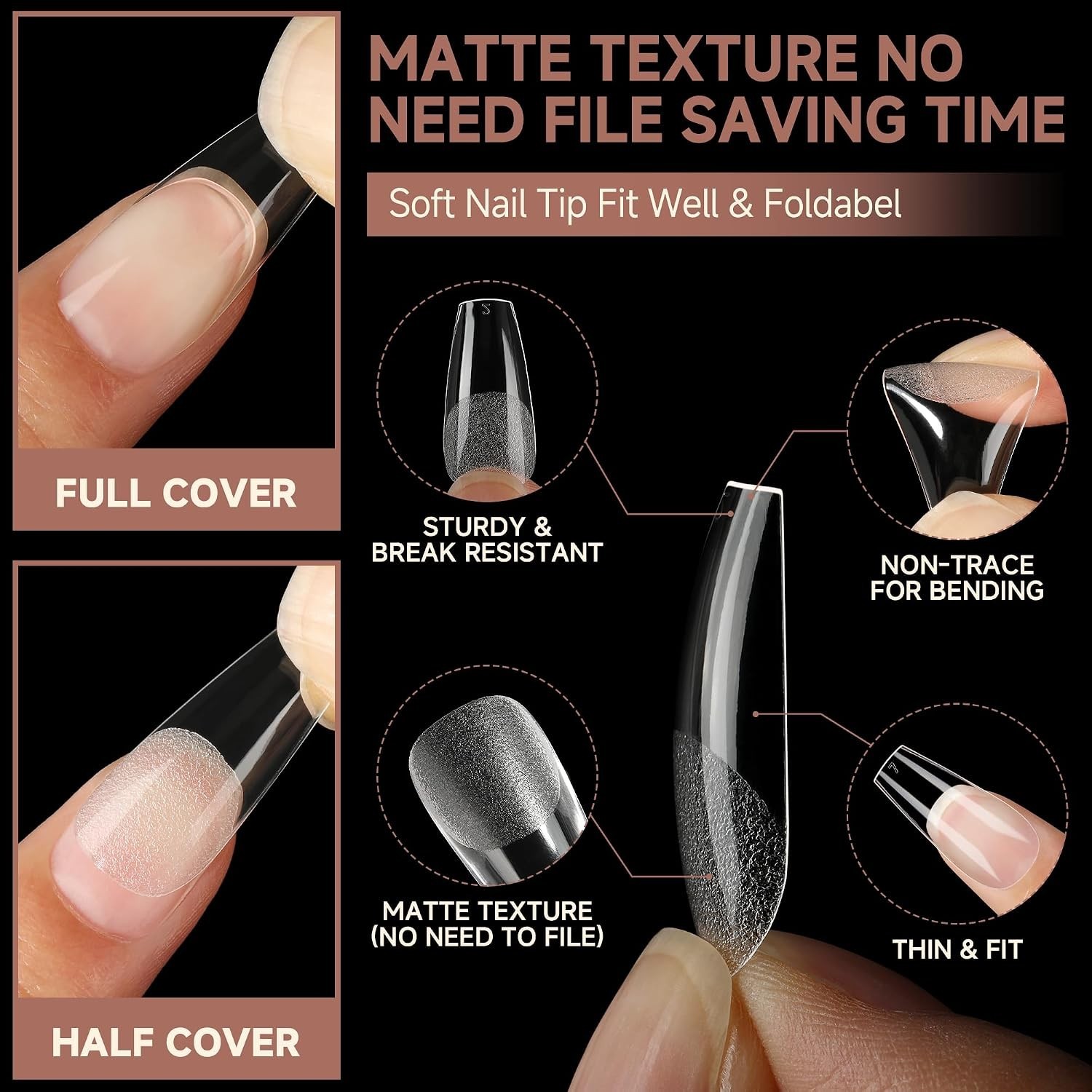 Half Matte Clear Coffin Nail Tips Set – 12 Sizes of 216 Full Cover Gel Nails