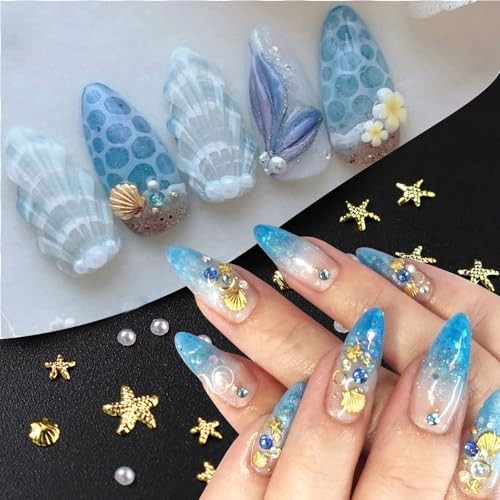 100Pcs Starfish Nail Charms and Gems Summer Ocean Style Nail Art Gold Silver-4