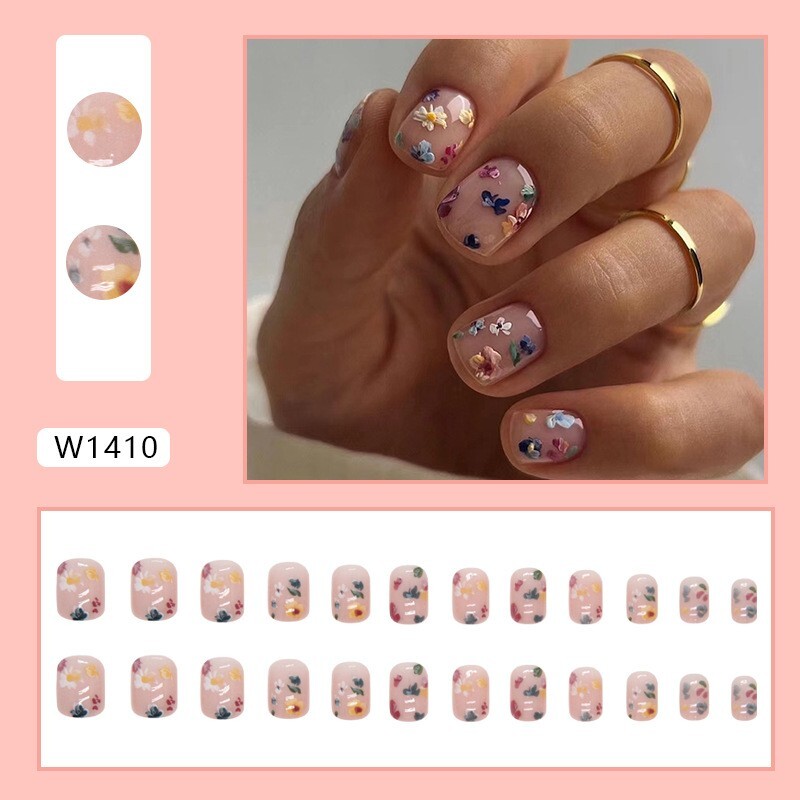 24pcs Bloom Pink Flowers Ins Lovely Girls Press on Nails, Short Square Shape
