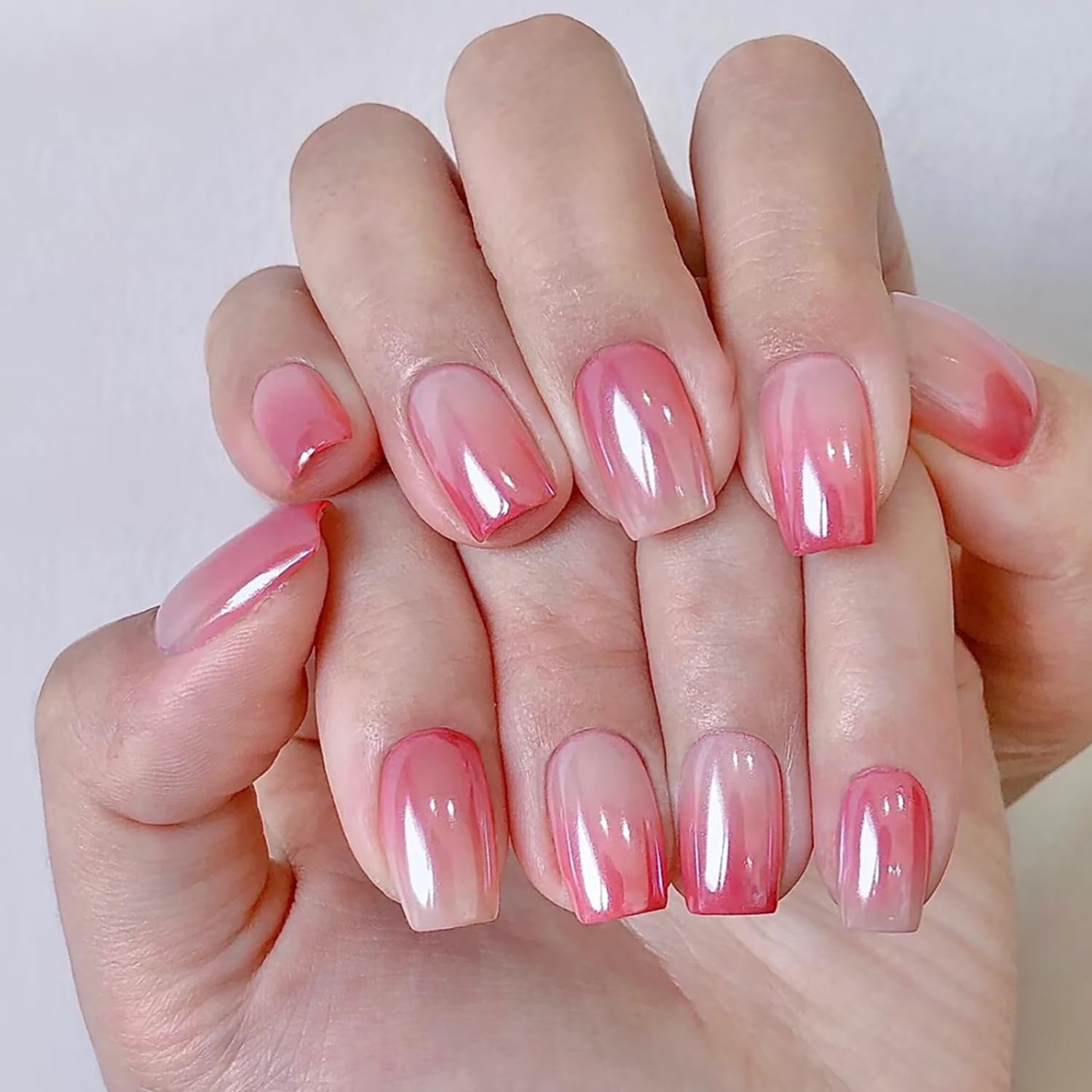 Medium Chrome Press on Nails Ombre Fake Nails Square Shape Glue on Nails Glos…