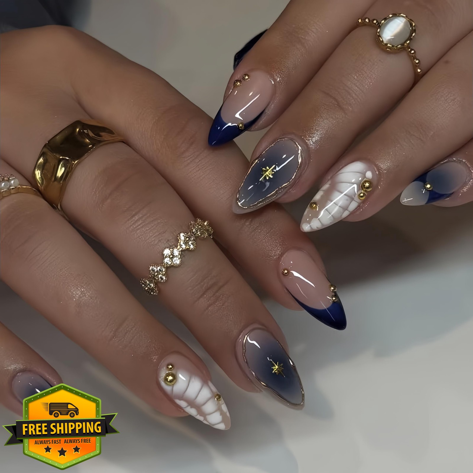 24Pcs Ombre Blue Almond Press on Nails Rhinestone French Tips Fake Nails