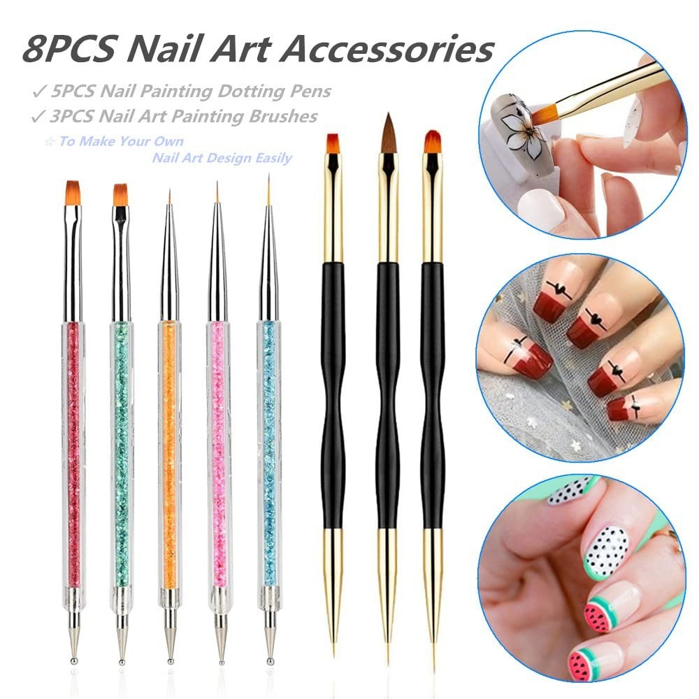 8PCS Nail Art Brushes, Double-Ended Brush and Dotting Tool Kit, Dual End Nail…