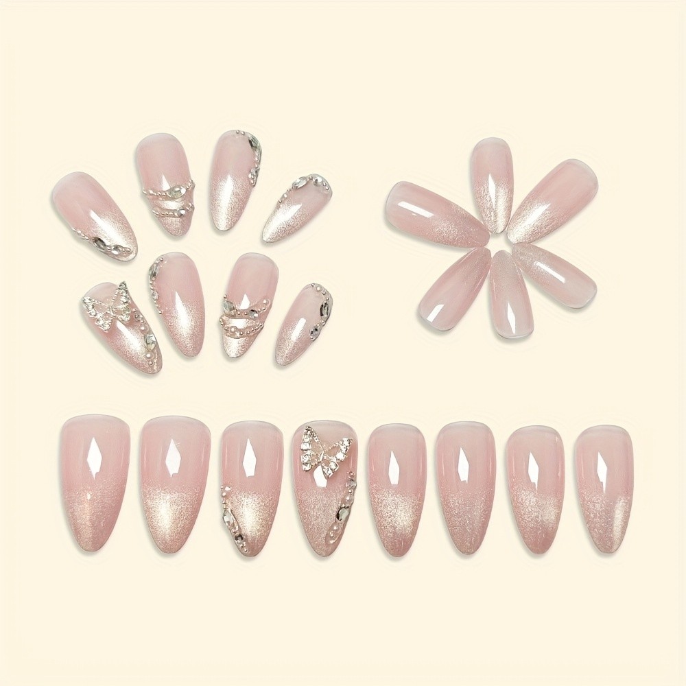 48Pcs-Stiletto Press on Nails Silver Butterfly Rhinestone Glitter Fake Nails Set