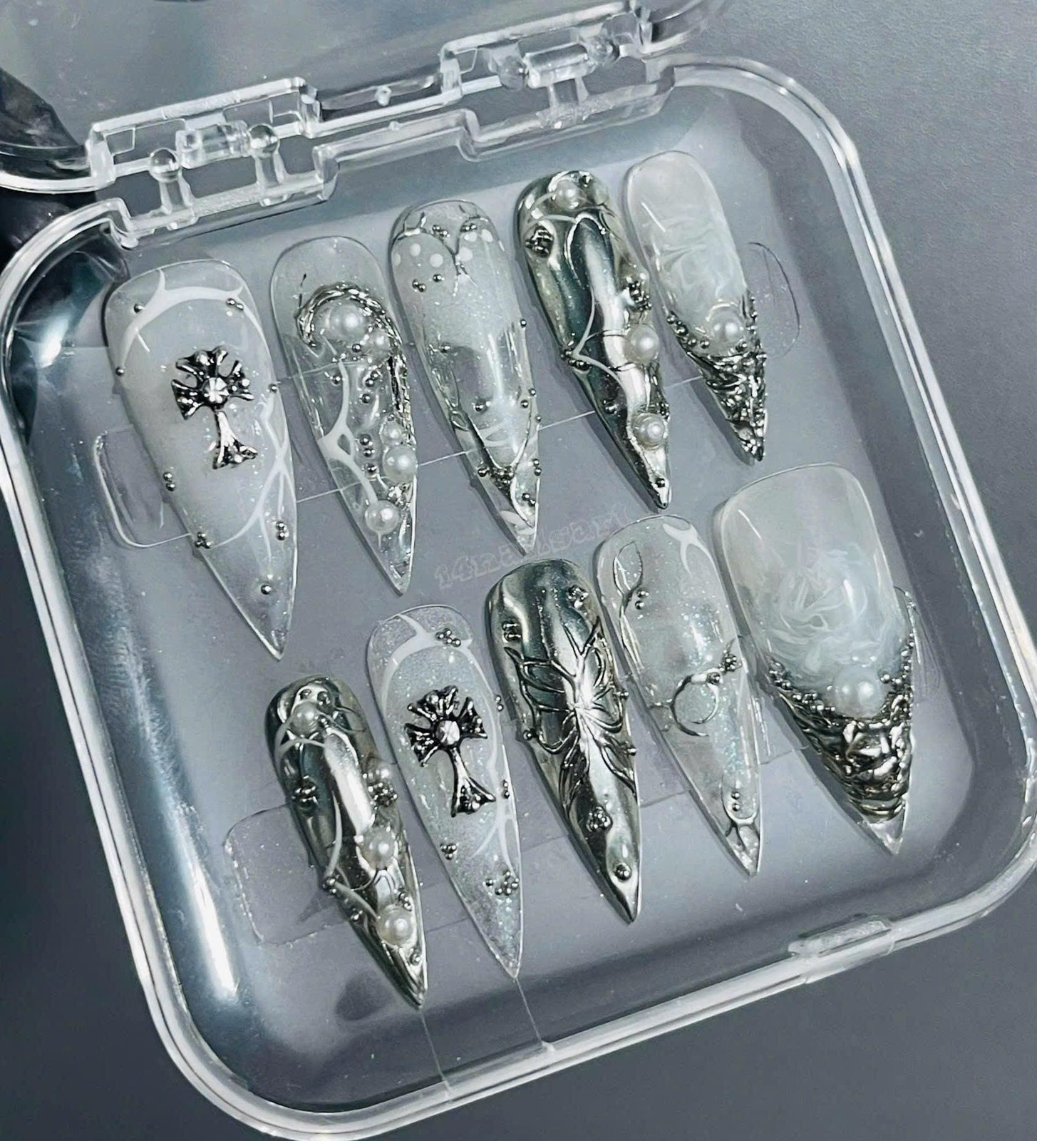 Handmade Custom Y2K Silver Metal Cross Butterfly Pearl Stiletto Press on Nails