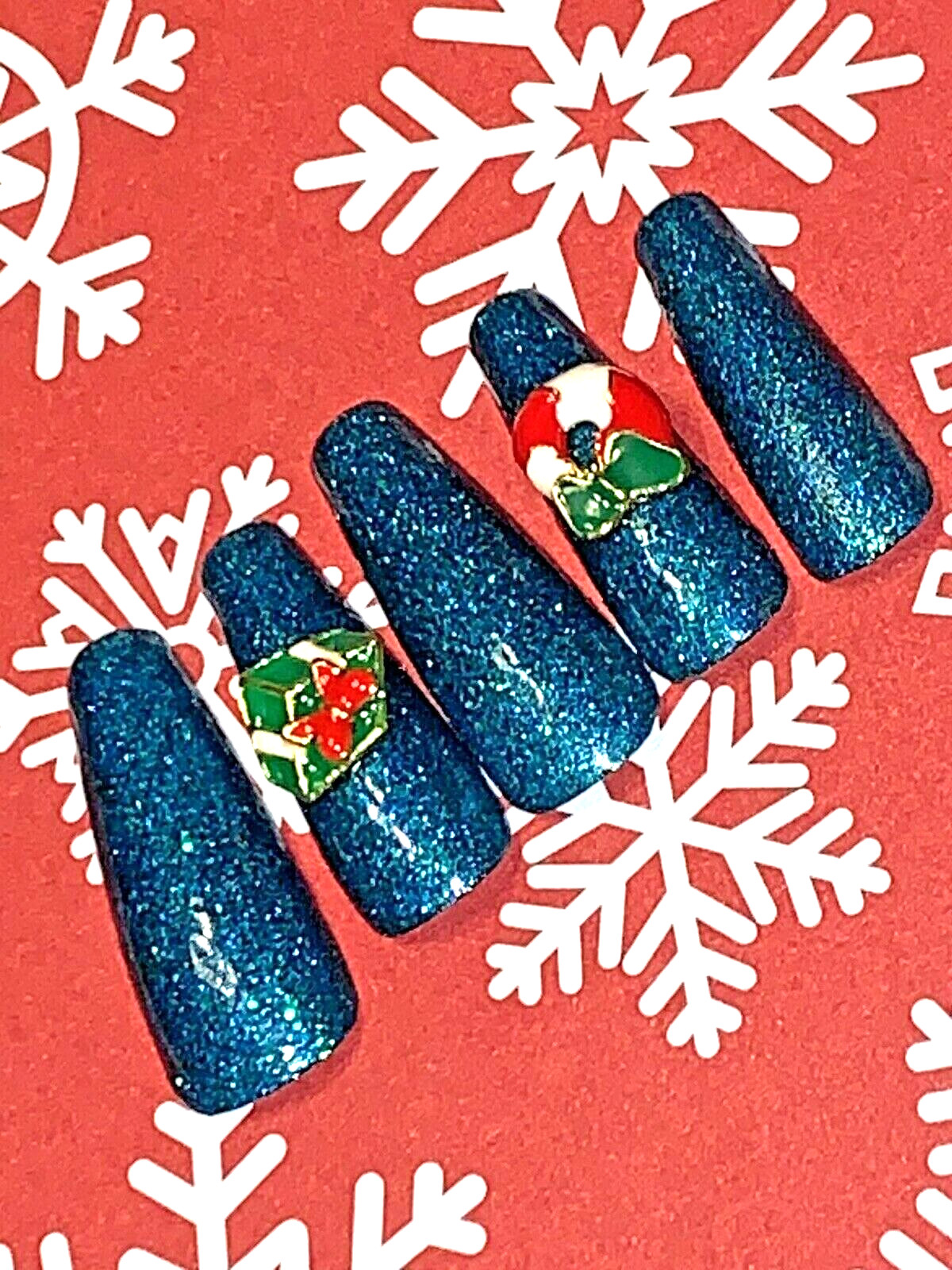 Custom Designed Long Coffin Press On Nail Set Christmas China Glaze Green Polish