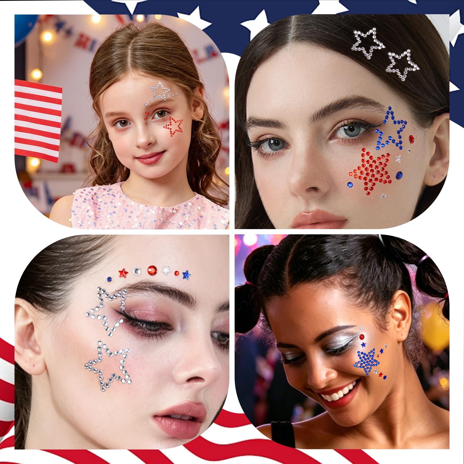 Red White and Blue Body Glitter Gel with Face Gems Set, 4th of July Patriotic Fa