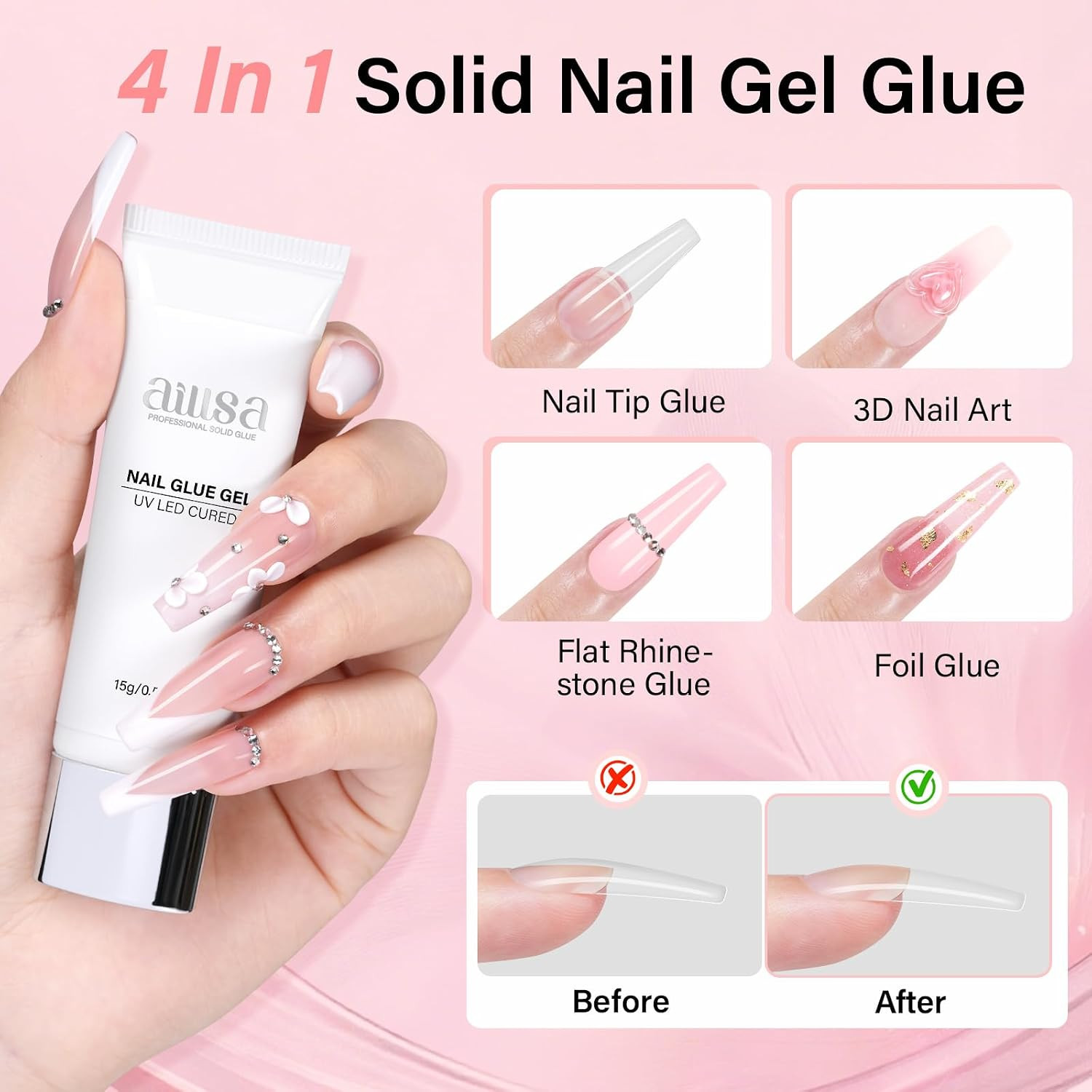 Gel Nail Tips Kit with 15G Nail Glue Gel & Mini UV Lamp | Full Cover Nail Tips S
