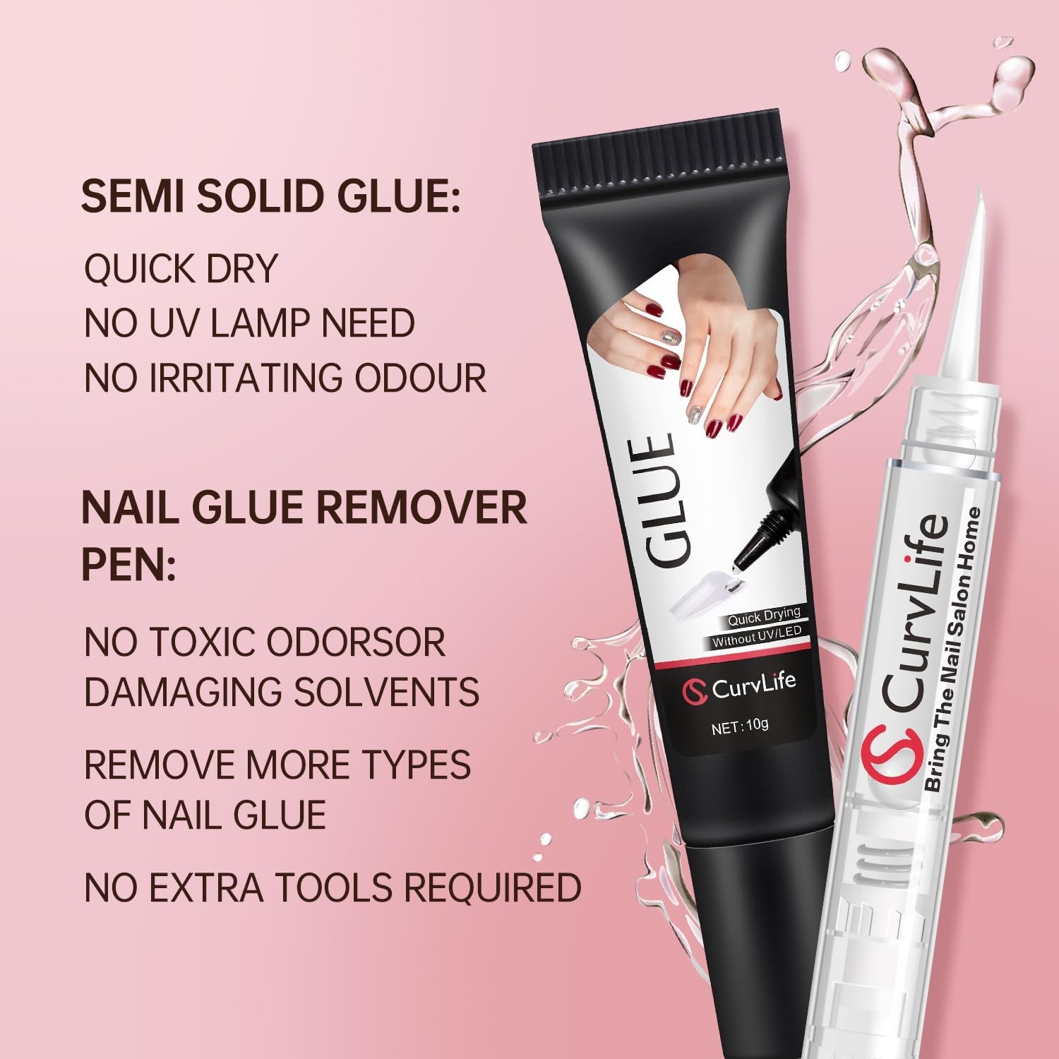 10g Semi Solid Nail Glue Gel with 5ml Nail Glue Remover Pen, No Need for Uv L…