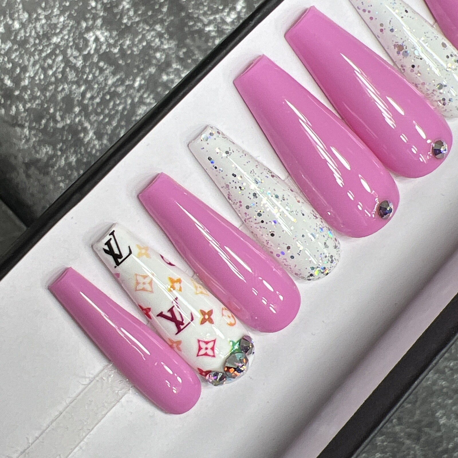 🌸 CUSTOM Luxury Gel Press Ons, PINK Long Coffin, 10p Set With FULL KIT