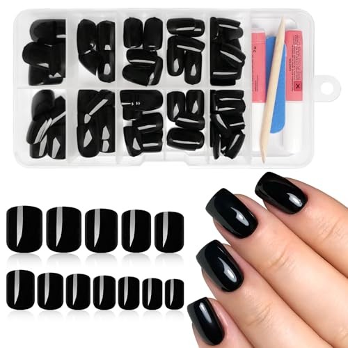 Press on Nails Short Square,120Pcs Glossy Fake Nails Full Cover Acrylic Black