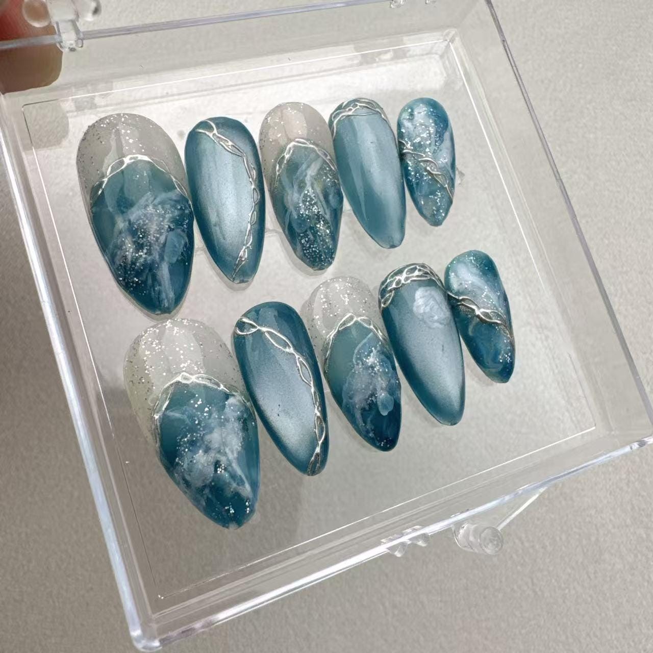 Custom Pure Handmade Nails Lake Blue Ink Silver Chain Gold Foil Cool Manicure