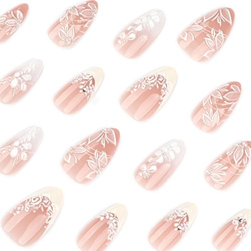 Flower Press on Nails Medium Almond Fake Nails Bridal Nails Press ons style32
