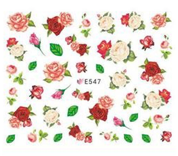 Nail Art 3D Decal Stickers red white pink roses buds green leaves E547