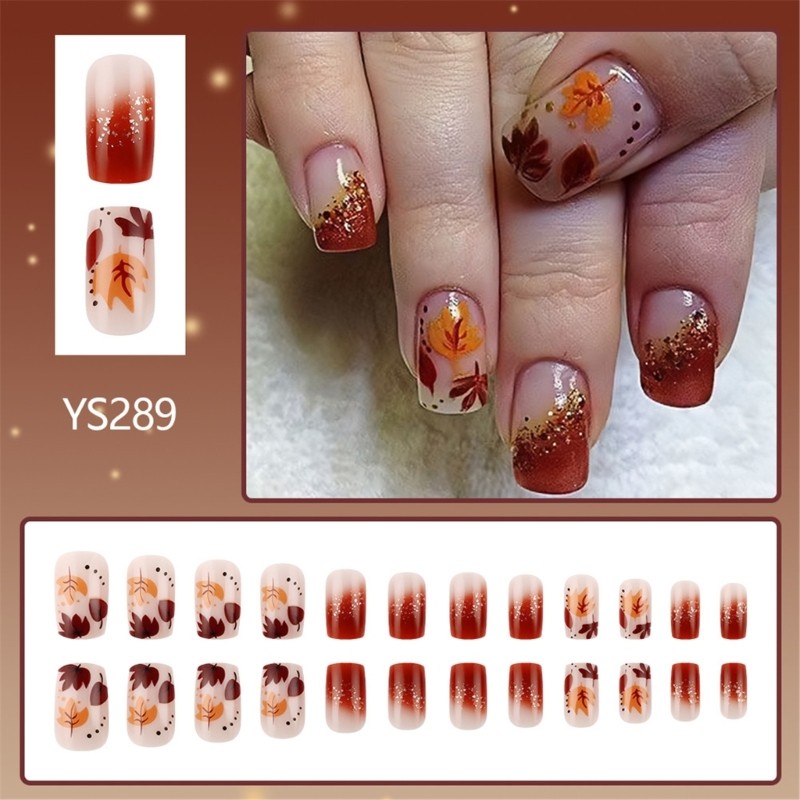 24 Pieces Acrylic Nail Short Square Glossy Maple Leaf Designs For Autumn