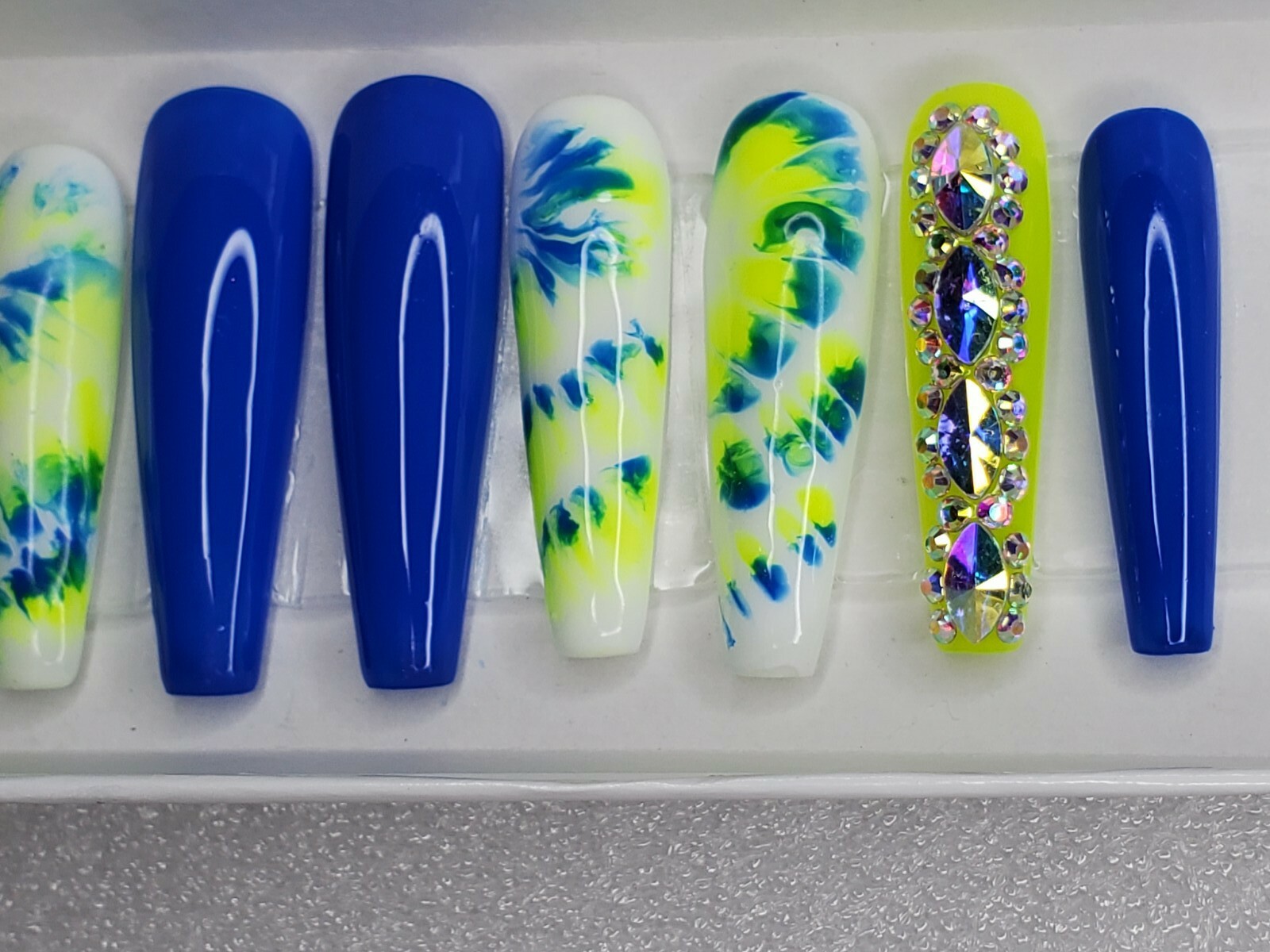 Extra long neon yellow & blue tie dye bling press on nails barbie xl coffin